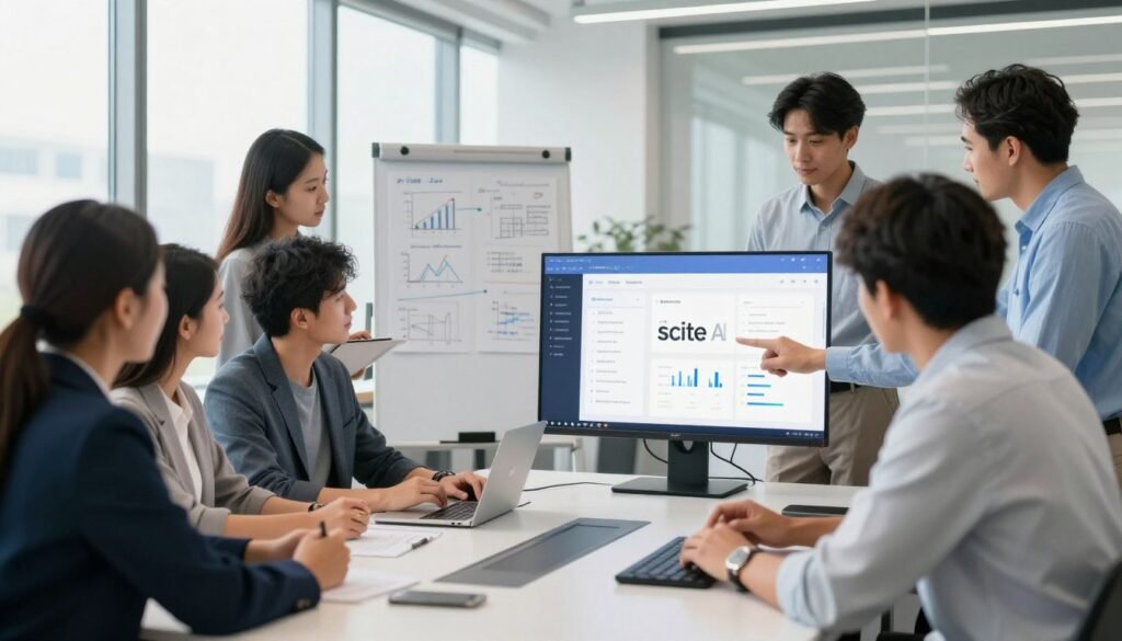 A modern office environment showcasing the Scite AI research tool in action. In the foreground, a diverse group of professionals, dressed in smart business attire, are gathered around a sleek conference table. One person is actively pointing at a large monitor displaying the Scite AI interface, highlighting its user-friendly features and analytics. In the middle ground, there is a whiteboard filled with brainstorming notes and graphs, reflecting collaboration and innovation in research. The background features large windows with natural light flooding in, illuminating the space and creating a bright, inviting atmosphere. The overall mood conveys teamwork and cutting-edge technology, emphasizing the accessibility of Scite AI for researchers and academics. A modern office environment showcasing the Scite AI research tool in action. In the foreground, a diverse group of professionals, dressed in smart business attire, are gathered around a sleek conference table. One person is actively pointing at a large monitor displaying the Scite AI interface, highlighting its user-friendly features and analytics. In the middle ground, there is a whiteboard filled with brainstorming notes and graphs, reflecting collaboration and innovation in research. The background features large windows with natural light flooding in, illuminating the space and creating a bright, inviting atmosphere. The overall mood conveys teamwork and cutting-edge technology, emphasizing the accessibility of Scite AI for researchers and academics.