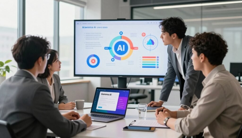 A modern office environment with a sleek desk setup featuring a laptop displaying a vibrant Gamma AI presentation interface. In the foreground, a diverse group of three professionals—two men and one woman—are engaged in a brainstorming session, dressed in professional business attire. The middle ground showcases a large digital screen behind them displaying a colorful graphic representation of AI use cases in presentations, with charts and icons symbolizing creativity and collaboration. The background includes large windows with natural daylight streaming in, casting soft shadows across the room. The atmosphere is dynamic and motivating, conveying a sense of innovation and teamwork, captured with a slightly elevated angle to provide depth and perspective. The lighting is bright yet soft, enhancing the collaborative mood. A modern office environment with a sleek desk setup featuring a laptop displaying a vibrant Gamma AI presentation interface. In the foreground, a diverse group of three professionals—two men and one woman—are engaged in a brainstorming session, dressed in professional business attire. The middle ground showcases a large digital screen behind them displaying a colorful graphic representation of AI use cases in presentations, with charts and icons symbolizing creativity and collaboration. The background includes large windows with natural daylight streaming in, casting soft shadows across the room. The atmosphere is dynamic and motivating, conveying a sense of innovation and teamwork, captured with a slightly elevated angle to provide depth and perspective. The lighting is bright yet soft, enhancing the collaborative mood.