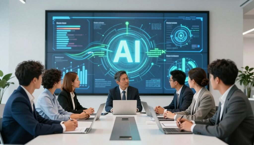 A modern office environment with a sleek, minimalist design in the foreground, featuring a diverse group of professionals engaged in a brainstorming session around a high-tech conference table. Each person is dressed in smart business attire, showcasing a mix of ethnicities and genders, actively discussing data visualizations displayed on a large digital screen behind them. The middle background includes abstract representations of AI features, like flowing data streams and algorithmic patterns, glowing softly in cool blue and green hues. The lighting is bright and professional, creating an inviting atmosphere. A slight depth of field effect is used to focus on the team while softly blurring the AI visuals. The overall mood conveys innovation and collaboration, highlighting the use of technology in team workflows.