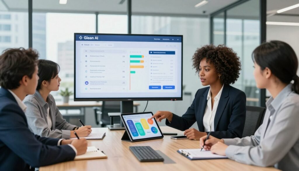 A modern office scene featuring a diverse group of business professionals collaborating around a sleek conference table, analyzing data on digital displays showcasing various AI tools. In the foreground, a confident African American woman in professional attire points at a colorful infographic on a tablet, while a Hispanic man beside her takes notes. In the middle ground, a large screen displays a comparison chart of Glean AI and other business AI tools, emphasizing their features. The background shows a bright, glass-walled office with city views, bathed in soft natural light that creates a supportive and innovative atmosphere. Use a wide-angle lens perspective to capture the collaborative energy and professionalism of the setting, ensuring all subjects are portrayed respectfully and appropriately.