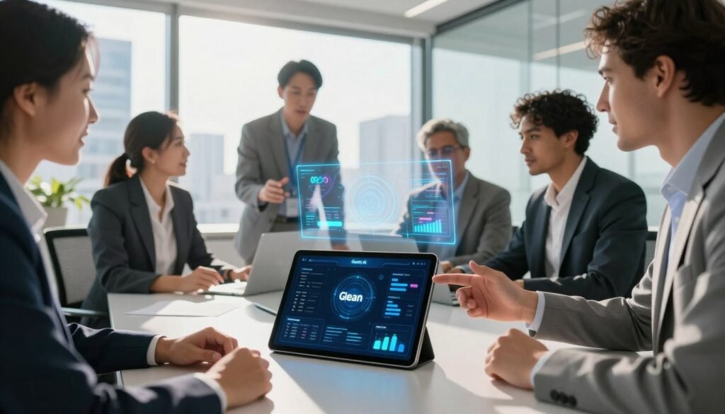 A modern office setting featuring a diverse group of professionals, including men and women in business attire, collaborating around a high-tech conference table. The foreground shows a sleek tablet displaying the Glean AI interface, with visual data insights and analytics clearly visible. In the middle ground, team members are engaged in productive discussions, gesturing towards the tablet and interacting with holographic data projections that float above the table. The background includes large windows with a cityscape view, sunlight flooding the room, creating a bright and motivating atmosphere. The overall mood is one of innovation and teamwork, emphasizing the efficiency and effectiveness of Glean AI in a business environment. The image should have a dynamic perspective, capturing action and engagement among the team.