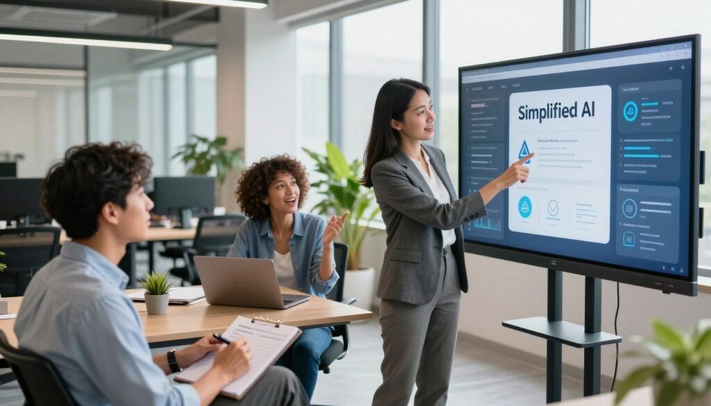 A modern office setting featuring a diverse group of three professionals engaged in a collaborative session, demonstrating how to use Simplified AI step by step on a large screen. In the foreground, a woman in business attire points to a digital interface showcasing Simplified AI’s features, while a man in a casual yet professional outfit takes notes. In the middle ground, another colleague, a woman in smart casual clothing, interacts with a laptop, visibly excited. The background includes modern office furniture and vibrant plants, with soft, natural lighting coming from large windows. The atmosphere is focused and dynamic, reflecting collaboration and innovation, with a slight tilt angle for a dynamic perspective.