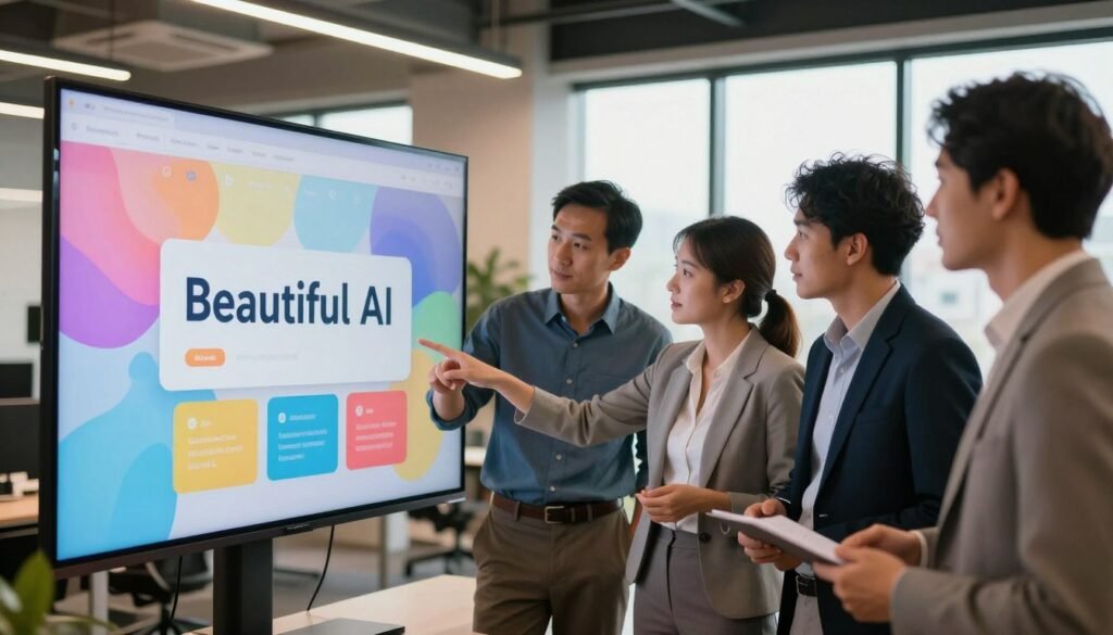 A modern office setting showcasing a sleek, vibrant presentation on a digital screen in the foreground, displaying a colorful and engaging Beautiful.ai presentation. In the middle, a diverse group of professionals in business attire collaboratively discussing and pointing at the presentation, their expressions focused and engaged. The background features a contemporary workspace with large windows allowing natural light to flood in, creating an inviting atmosphere. Soft, warm lighting enhances the scene, while a shallow depth of field blurs the background slightly, emphasizing the interactive session in the foreground. The overall mood is inspiring and dynamic, capturing the essence of innovative collaboration in creating stunning AI-driven presentations. A modern office setting showcasing a sleek, vibrant presentation on a digital screen in the foreground, displaying a colorful and engaging Beautiful.ai presentation. In the middle, a diverse group of professionals in business attire collaboratively discussing and pointing at the presentation, their expressions focused and engaged. The background features a contemporary workspace with large windows allowing natural light to flood in, creating an inviting atmosphere. Soft, warm lighting enhances the scene, while a shallow depth of field blurs the background slightly, emphasizing the interactive session in the foreground. The overall mood is inspiring and dynamic, capturing the essence of innovative collaboration in creating stunning AI-driven presentations.
