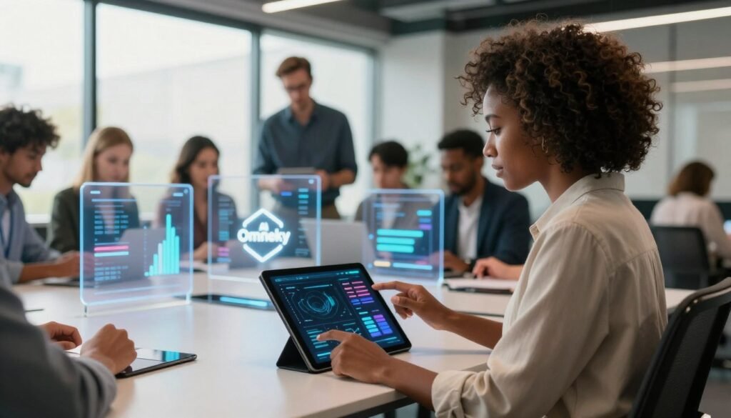 A modern office setting with a sleek, futuristic feel, featuring a diverse group of professionals discussing Omneky AI on a digital tablet. In the foreground, a Black woman in smart casual attire interacts with the tablet displaying vibrant data visualizations. In the middle, a mixed-gender group collaborates at a large conference table surrounded by transparent screens showing graphs and AI interfaces, with a glowing Omneky AI logo subtly integrated. The background reveals large windows, letting in natural light that creates an inviting atmosphere, enhanced by warm tones. Use a shallow depth of field to focus on the professionals while softly blurring the background, creating a sense of engagement and innovation. The overall mood is dynamic and forward-thinking, emphasizing collaboration and technology in action.