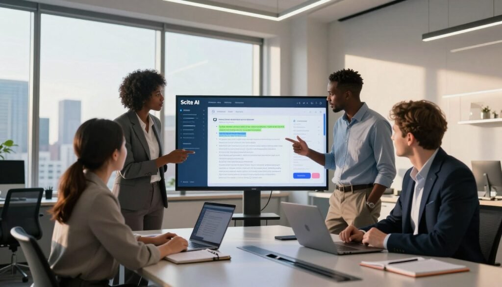 A modern office setting with a sleek, high-tech workspace in the foreground. A diverse group of three professionals, one woman of Asian descent and two men, one Black and one Caucasian, are discussing a digital screen displaying Scite AI's interface, showcasing highlighted citations and analytics. They are dressed in smart business attire, exuding focus and collaboration. The middle ground features a polished conference table scattered with notebooks and a laptop. In the background, large windows reveal a city skyline under a warm, midday glow, casting soft shadows on the room. The atmosphere is vibrant and optimistic, emphasizing innovation and productivity. The image is captured with a wide-angle lens to create a dynamic perspective, highlighting the collaborative spirit of using Scite AI effectively. A modern office setting with a sleek, high-tech workspace in the foreground. A diverse group of three professionals, one woman of Asian descent and two men, one Black and one Caucasian, are discussing a digital screen displaying Scite AI's interface, showcasing highlighted citations and analytics. They are dressed in smart business attire, exuding focus and collaboration. The middle ground features a polished conference table scattered with notebooks and a laptop. In the background, large windows reveal a city skyline under a warm, midday glow, casting soft shadows on the room. The atmosphere is vibrant and optimistic, emphasizing innovation and productivity. The image is captured with a wide-angle lens to create a dynamic perspective, highlighting the collaborative spirit of using Scite AI effectively.