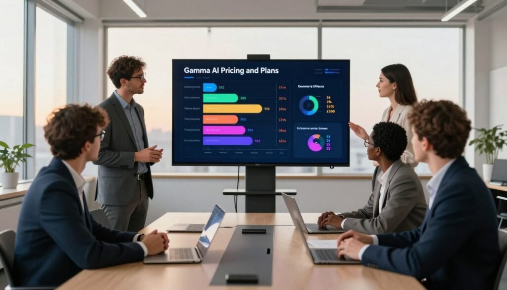 A modern office setting with a sleek, minimalist design, featuring a large conference table adorned with a digital presentation device showcasing visuals of "Gamma AI Pricing and Plans." In the foreground, a diverse group of three professionals—two men and one woman—are engaged in a brainstorming session, dressed in smart business attire. The middle ground includes an interactive touchscreen display overflowing with vibrant charts, pricing tiers, and statistics, illustrating the various plans available for Gamma AI users. In the background, soft natural light filters through large windows, casting a warm glow that enhances the collaborative atmosphere. The scene conveys a sense of innovation and dynamic teamwork, with a focus on technology and professionalism. The angle is slightly elevated, offering a comprehensive view of the presentation and the engaged professionals. A modern office setting with a sleek, minimalist design, featuring a large conference table adorned with a digital presentation device showcasing visuals of "Gamma AI Pricing and Plans." In the foreground, a diverse group of three professionals—two men and one woman—are engaged in a brainstorming session, dressed in smart business attire. The middle ground includes an interactive touchscreen display overflowing with vibrant charts, pricing tiers, and statistics, illustrating the various plans available for Gamma AI users. In the background, soft natural light filters through large windows, casting a warm glow that enhances the collaborative atmosphere. The scene conveys a sense of innovation and dynamic teamwork, with a focus on technology and professionalism. The angle is slightly elevated, offering a comprehensive view of the presentation and the engaged professionals.