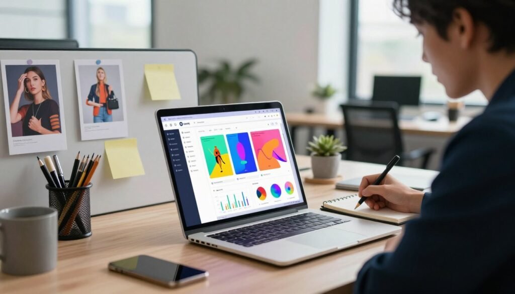 A modern office workspace depicting the process of creating ads with AdCreative.ai. In the foreground, a sleek laptop displays a vibrant interface showcasing colorful ad design options, with graphs and analytics visualized on the screen. To the side, a professional individual in smart business attire is focused on the screen, taking notes on a notepad. In the middle ground, a stylish desk adorned with stationery and inspiration boards, featuring eye-catching ad examples. The background reveals large windows filtering in soft, natural light, creating an inviting atmosphere. Use a shallow depth of field to emphasize the laptop and the creative process, evoking a mood of innovation and productivity. A modern office workspace depicting the process of creating ads with AdCreative.ai. In the foreground, a sleek laptop displays a vibrant interface showcasing colorful ad design options, with graphs and analytics visualized on the screen. To the side, a professional individual in smart business attire is focused on the screen, taking notes on a notepad. In the middle ground, a stylish desk adorned with stationery and inspiration boards, featuring eye-catching ad examples. The background reveals large windows filtering in soft, natural light, creating an inviting atmosphere. Use a shallow depth of field to emphasize the laptop and the creative process, evoking a mood of innovation and productivity.