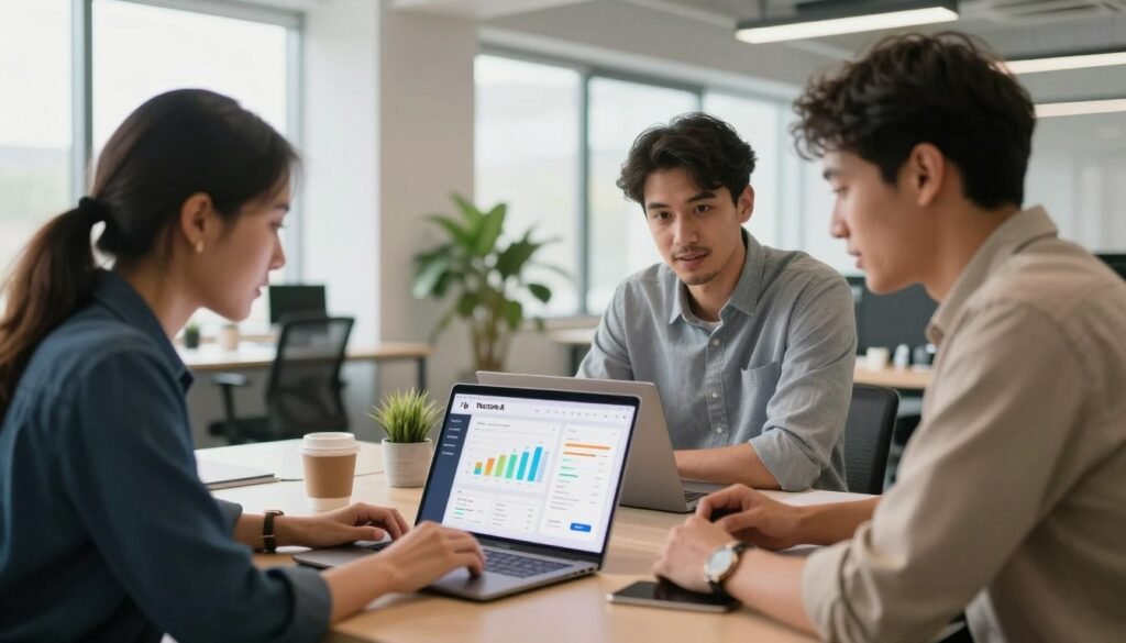 A modern office workspace featuring a diverse group of three professionals, two men and one woman, engaged in a discussion about using You.com AI on their laptops. In the foreground, they lean over an open laptop displaying the You.com AI interface, with colorful graphs and user-friendly menus visible. In the middle, a bright, inviting atmosphere with plants and a coffee cup adds a touch of warmth to the scene. The background showcases a contemporary office with large windows allowing natural light to fill the space, highlighting a clean and minimalist design. The overall mood is collaborative and innovative, emphasizing a productive work environment. Use soft, diffused lighting to create a welcoming ambiance. Capture the scene with a slightly elevated angle to include all elements harmoniously, enhancing the feel of teamwork.