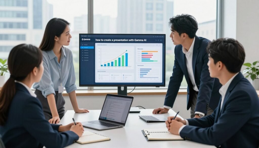 A modern office workspace illustrates "how to create a presentation with Gamma AI." In the foreground, a diverse group of three professionals, dressed in smart business attire, are engaged around a digital screen displaying an interface of Gamma AI, showcasing vibrant graphs and slides. In the middle ground, a sleek laptop and notepad are neatly arranged on a minimalist desk, reflecting a feeling of collaboration and inspiration. The background features large windows with city views, allowing natural light to fill the room, creating a bright and productive atmosphere. Soft shadows add depth, and a sense of focus and determination permeates the scene. The overall mood is one of innovation and teamwork in a contemporary environment. A modern office workspace illustrates "how to create a presentation with Gamma AI." In the foreground, a diverse group of three professionals, dressed in smart business attire, are engaged around a digital screen displaying an interface of Gamma AI, showcasing vibrant graphs and slides. In the middle ground, a sleek laptop and notepad are neatly arranged on a minimalist desk, reflecting a feeling of collaboration and inspiration. The background features large windows with city views, allowing natural light to fill the room, creating a bright and productive atmosphere. Soft shadows add depth, and a sense of focus and determination permeates the scene. The overall mood is one of innovation and teamwork in a contemporary environment.