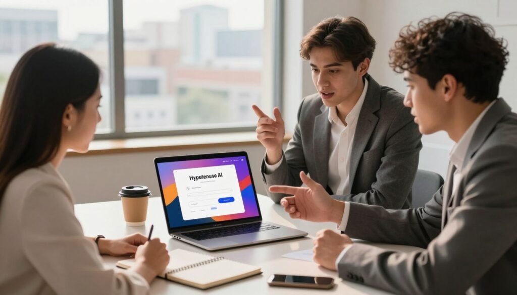 A modern, professional workspace featuring a sleek laptop displaying a vibrant, user-friendly sign-up interface for Hypotenuse AI. In the foreground, a diverse group of three individuals—two women and one man—dressed in professional business attire, are engaged in an animated discussion about the platform's features. One of them is pointing excitedly at the laptop screen, while the others lean in with interest. In the middle ground, a minimalist desk is adorned with a notepad, a cup of coffee, and a smartphone, indicating a productive environment. The background includes a cityscape view through large windows, bathed in warm, natural light, creating a welcoming and inspiring atmosphere. The overall mood is focused yet collaborative, emphasizing innovation and teamwork. A modern, professional workspace featuring a sleek laptop displaying a vibrant, user-friendly sign-up interface for Hypotenuse AI. In the foreground, a diverse group of three individuals—two women and one man—dressed in professional business attire, are engaged in an animated discussion about the platform's features. One of them is pointing excitedly at the laptop screen, while the others lean in with interest. In the middle ground, a minimalist desk is adorned with a notepad, a cup of coffee, and a smartphone, indicating a productive environment. The background includes a cityscape view through large windows, bathed in warm, natural light, creating a welcoming and inspiring atmosphere. The overall mood is focused yet collaborative, emphasizing innovation and teamwork.
