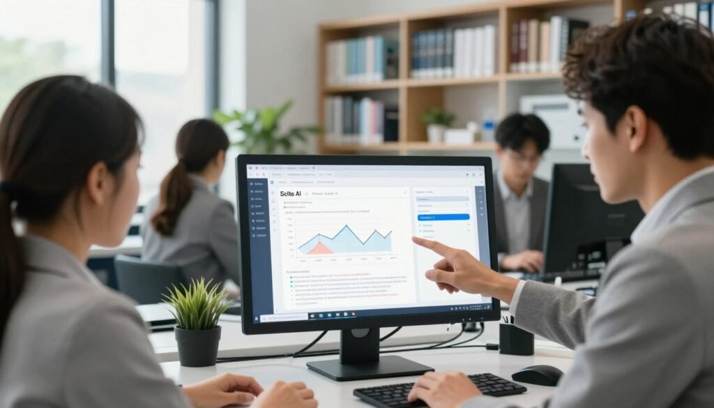 A modern research environment featuring a diverse group of professionals, including a woman and a man in business attire, interacting with a computer while using Scite AI for research. In the foreground, the man is pointing at the screen, highlighting features of the Scite AI interface. The middle of the image displays the computer screen with visible graphs, charts, and highlighted citations that Scite AI provides for academic papers. The background shows bookshelves filled with academic literature, a large window letting in natural light, and plants to create a welcoming atmosphere. The lighting is bright and inviting, emphasizing collaboration and exploration. The overall mood is productive and innovative, showcasing teamwork in a cutting-edge research setting. A modern research environment featuring a diverse group of professionals, including a woman and a man in business attire, interacting with a computer while using Scite AI for research. In the foreground, the man is pointing at the screen, highlighting features of the Scite AI interface. The middle of the image displays the computer screen with visible graphs, charts, and highlighted citations that Scite AI provides for academic papers. The background shows bookshelves filled with academic literature, a large window letting in natural light, and plants to create a welcoming atmosphere. The lighting is bright and inviting, emphasizing collaboration and exploration. The overall mood is productive and innovative, showcasing teamwork in a cutting-edge research setting.