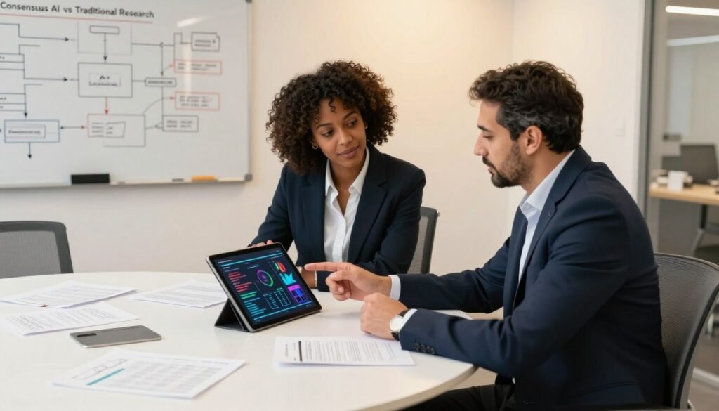 A modern research office featuring a large round table where two diverse professionals in business attire are engaged in a discussion about "Consensus AI vs Traditional Research." One person, a Black woman, points at a digital tablet displaying colorful data visuals, while a Middle-Eastern man listens attentively, gesturing with his hand. In the background, a whiteboard filled with flowcharts and graphs highlights AI concepts. The lighting is bright and warm, emphasizing a collaborative atmosphere, with soft shadows for depth. The scene is captured from a slightly elevated angle to provide a comprehensive view of both the participants and their surroundings, highlighting the contrast between traditional research papers scattered on the side and the digital tools at the center of their discussion.