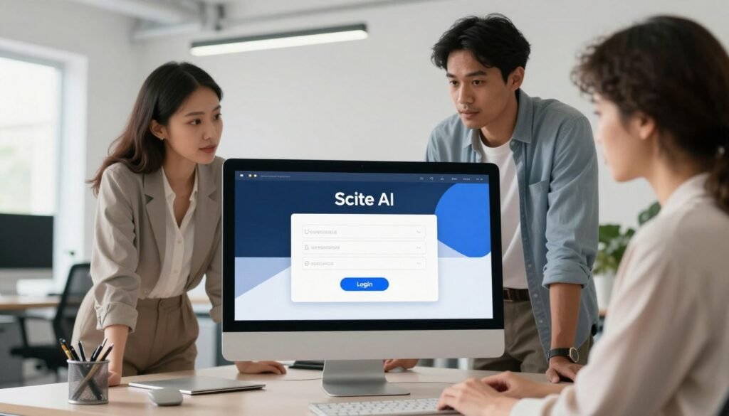 A modern, sleek computer screen displaying the Scite AI login interface prominently in the foreground. The screen shows fields for username and password, along with a striking "Login" button. In the middle ground, a diverse group of three professionals—two women and one man—dressed in smart casual attire, attentively observing the screen with expressions of focus and eagerness. In the background, a bright, contemporary office space with soft lighting and minimalistic decor enhances the scene's technology-driven mood. Use a wide-angle lens perspective to capture the overall environment while keeping the login screen as the central focal point. The atmosphere should convey a sense of innovation and productivity, making it evident that this is a professional setting. A modern, sleek computer screen displaying the Scite AI login interface prominently in the foreground. The screen shows fields for username and password, along with a striking "Login" button. In the middle ground, a diverse group of three professionals—two women and one man—dressed in smart casual attire, attentively observing the screen with expressions of focus and eagerness. In the background, a bright, contemporary office space with soft lighting and minimalistic decor enhances the scene's technology-driven mood. Use a wide-angle lens perspective to capture the overall environment while keeping the login screen as the central focal point. The atmosphere should convey a sense of innovation and productivity, making it evident that this is a professional setting.