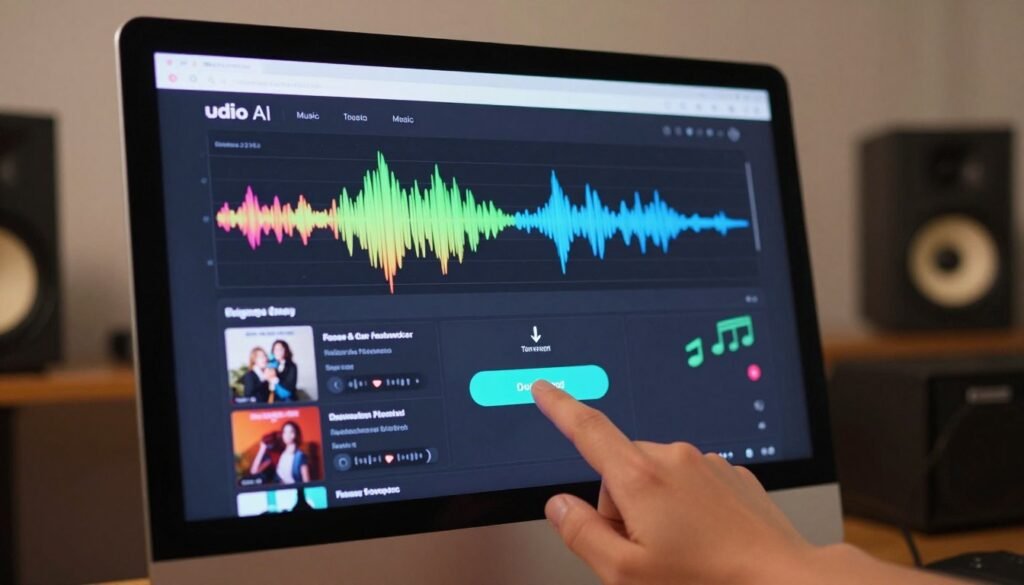 A modern, sleek digital interface displayed on a computer screen, showcasing the Udio AI music platform with vibrant visuals of downloadable tracks ready for export. The foreground features a close-up of a hand hovering over a download button, symbolizing action. In the middle ground, the computer screen displays colorful waveforms and musical notes, indicating creativity and progress. The background subtly hints at a cozy, well-lit home studio environment, with musical instruments and sound equipment slightly out of focus, creating a warm and inviting atmosphere. Soft, focused lighting highlights the screen, while a shallow depth of field draws attention to the downloading action. The mood reflects excitement and discovery, perfect for beginners eager to explore music creation. A modern, sleek digital interface displayed on a computer screen, showcasing the Udio AI music platform with vibrant visuals of downloadable tracks ready for export. The foreground features a close-up of a hand hovering over a download button, symbolizing action. In the middle ground, the computer screen displays colorful waveforms and musical notes, indicating creativity and progress. The background subtly hints at a cozy, well-lit home studio environment, with musical instruments and sound equipment slightly out of focus, creating a warm and inviting atmosphere. Soft, focused lighting highlights the screen, while a shallow depth of field draws attention to the downloading action. The mood reflects excitement and discovery, perfect for beginners eager to explore music creation.