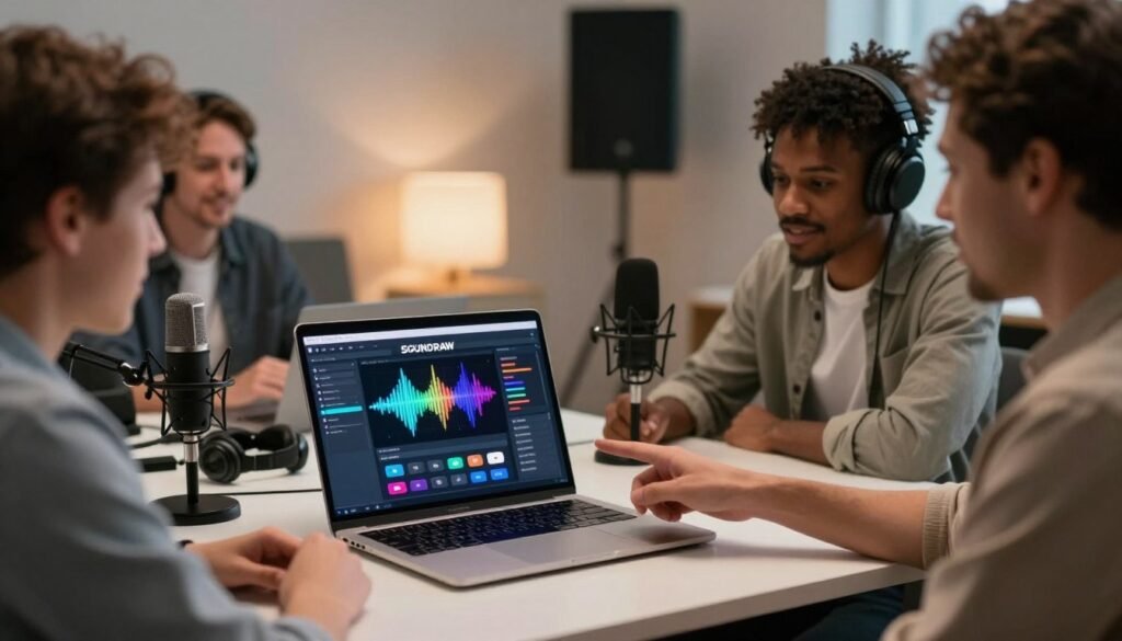 A modern, sleek digital workspace featuring a laptop displaying the SOUNDRAW interface for AI music creation. In the foreground, a diverse group of content creators, dressed in professional business attire, are engaged in discussion, pointing at the laptop. The middle ground highlights various music production tools such as microphones and headphones, alongside colorful soundwave graphics emanating from the screen. In the background, a stylish, minimalistic studio setup with soft, ambient lighting creates a warm and inspiring atmosphere. The overall mood is collaborative and innovative, reflecting excitement in harnessing AI technology for YouTube and content creation. The angle captures both the creators and the screen, emphasizing interaction and creativity without any distracting elements or text.