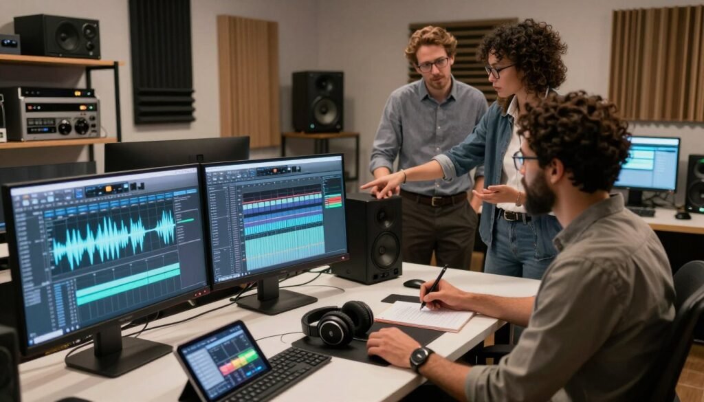 A modern, sleek digital workspace featuring a variety of audio production tools, symbolizing "stable audio alternatives." In the foreground, a high-tech computer setup with dual monitors displaying waveforms and music production software. A pair of professional headphones rests on the desk beside a tablet showing sound design apps. In the middle ground, a diverse group of three people in professional attire are discussing audio concepts, one pointing at a screen while another makes notes. The background showcases soundproof walls, acoustic panels, and shelves filled with audio equipment, creating an atmosphere of innovation and creativity. Soft, ambient lighting enhances the focus on the workspace, with warm tones to convey a collaborative and inspiring mood. The angle is slightly elevated to capture the entire scene effectively. A modern, sleek digital workspace featuring a variety of audio production tools, symbolizing "stable audio alternatives." In the foreground, a high-tech computer setup with dual monitors displaying waveforms and music production software. A pair of professional headphones rests on the desk beside a tablet showing sound design apps. In the middle ground, a diverse group of three people in professional attire are discussing audio concepts, one pointing at a screen while another makes notes. The background showcases soundproof walls, acoustic panels, and shelves filled with audio equipment, creating an atmosphere of innovation and creativity. Soft, ambient lighting enhances the focus on the workspace, with warm tones to convey a collaborative and inspiring mood. The angle is slightly elevated to capture the entire scene effectively.