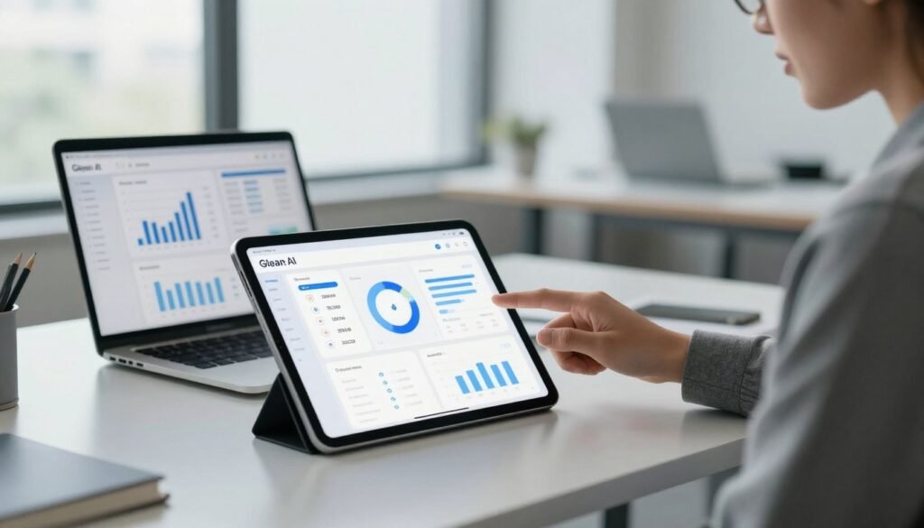 A modern, sleek interface of the Glean AI app displayed on a digital tablet, set on a stylish office desk. In the foreground, a business professional in smart casual attire interacts with the app, with a look of focus and engagement. The middle layer features an open laptop displaying graphs and data analytics, highlighting the app's ability to drive business insights. In the background, a softly lit office space with large windows lets in natural light, accentuating a productive atmosphere. The color palette includes cool tones and soft grays, creating a mood of innovation and collaboration. The image should be captured with a shallow depth of field to emphasize the tablet and the professional’s interaction, while maintaining a crisp focus on the Glean AI app's interface.