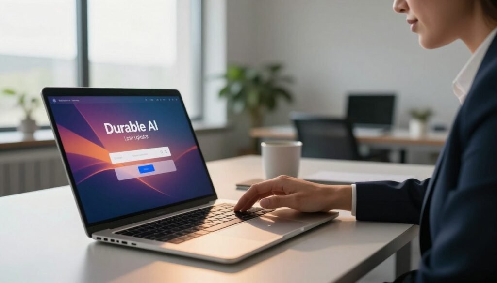 A modern, sleek laptop is open on a stylish desk, displaying a vibrant user interface of the Durable AI login screen. In the foreground, soft light reflects off the laptop’s surface, creating a warm and inviting atmosphere. In the middle, a confident professional, dressed in smart business attire, is using the laptop, with a focused expression as they prepare to log in. The background features a contemporary office with large windows letting in natural daylight, subtle greenery, and minimalist decor, enhancing the sense of a productive workspace. The overall mood is one of efficiency and innovation, suggesting ease of access and modern technology. The image should be shot from a slightly elevated angle, capturing both the user and the screen prominently. A modern, sleek laptop is open on a stylish desk, displaying a vibrant user interface of the Durable AI login screen. In the foreground, soft light reflects off the laptop’s surface, creating a warm and inviting atmosphere. In the middle, a confident professional, dressed in smart business attire, is using the laptop, with a focused expression as they prepare to log in. The background features a contemporary office with large windows letting in natural daylight, subtle greenery, and minimalist decor, enhancing the sense of a productive workspace. The overall mood is one of efficiency and innovation, suggesting ease of access and modern technology. The image should be shot from a slightly elevated angle, capturing both the user and the screen prominently.