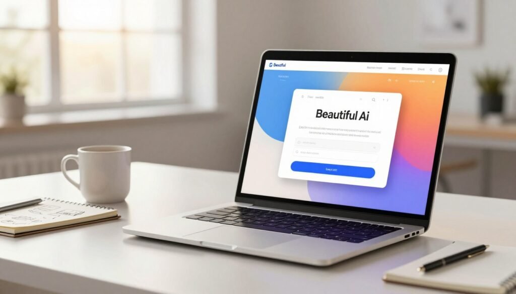 A modern, sleek login screen for Beautiful.ai displayed on a futuristic laptop on a clean, minimalistic desk. The foreground features the laptop opened, showcasing the Beautiful.ai login interface with its vibrant colors and intuitive design. The middle layer includes a stylish coffee cup and a notepad with sketches of presentation ideas, suggesting a workspace for creativity. The background is softly blurred, depicting an airy, well-lit office environment with large windows allowing natural light to filter in, creating a bright and inviting atmosphere. The composition should have a professional and inspiring mood, emphasizing productivity and innovation in AI presentations. The lighting should be warm and inviting, highlighting the laptop's screen without glare. A modern, sleek login screen for Beautiful.ai displayed on a futuristic laptop on a clean, minimalistic desk. The foreground features the laptop opened, showcasing the Beautiful.ai login interface with its vibrant colors and intuitive design. The middle layer includes a stylish coffee cup and a notepad with sketches of presentation ideas, suggesting a workspace for creativity. The background is softly blurred, depicting an airy, well-lit office environment with large windows allowing natural light to filter in, creating a bright and inviting atmosphere. The composition should have a professional and inspiring mood, emphasizing productivity and innovation in AI presentations. The lighting should be warm and inviting, highlighting the laptop's screen without glare.