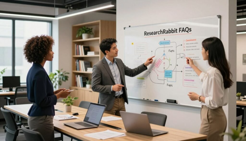 A modern, sleek office space with an inviting ambiance, showcasing a large whiteboard filled with colorful diagrams and bullet points labeled "ResearchRabbit FAQs." In the foreground, a diverse group of three professionals—one Black woman in a smart business dress, one Hispanic man in a blazer, and one Asian woman in modest casual clothing—are engaged in a discussion, pointing at the whiteboard. The middle ground features a stylish conference table with laptops and research materials scattered about, giving a sense of collaboration. The background is softly blurred with bookshelves filled with academic literature and potted plants, illuminated by warm, natural light coming from large windows. The overall mood is focused, innovative, and encouraging, reflecting a spirit of inquiry and teamwork.