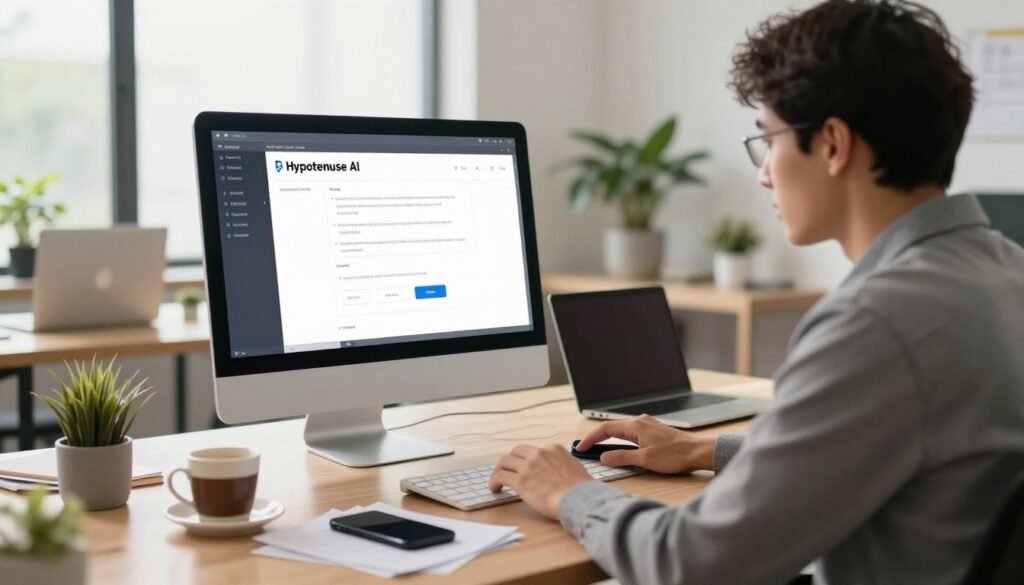 A modern, sleek workspace featuring a computer screen displaying the Hypotenuse AI interface. In the foreground, a professional individual in business attire is attentively engaging with the software, surrounded by notes and a smartphone. The middle ground showcases a stylish desk with a laptop, notepad, and a cup of coffee, emphasizing productivity. The background features a bright, well-lit office environment, with large windows letting in natural light and plants adding a refreshing touch. The atmosphere is focused and innovative, with a sense of curiosity and engagement. Use a soft focus on the background to draw attention to the user and the screen, captured at an eye-level angle with warm lighting to create an inviting mood. A modern, sleek workspace featuring a computer screen displaying the Hypotenuse AI interface. In the foreground, a professional individual in business attire is attentively engaging with the software, surrounded by notes and a smartphone. The middle ground showcases a stylish desk with a laptop, notepad, and a cup of coffee, emphasizing productivity. The background features a bright, well-lit office environment, with large windows letting in natural light and plants adding a refreshing touch. The atmosphere is focused and innovative, with a sense of curiosity and engagement. Use a soft focus on the background to draw attention to the user and the screen, captured at an eye-level angle with warm lighting to create an inviting mood.