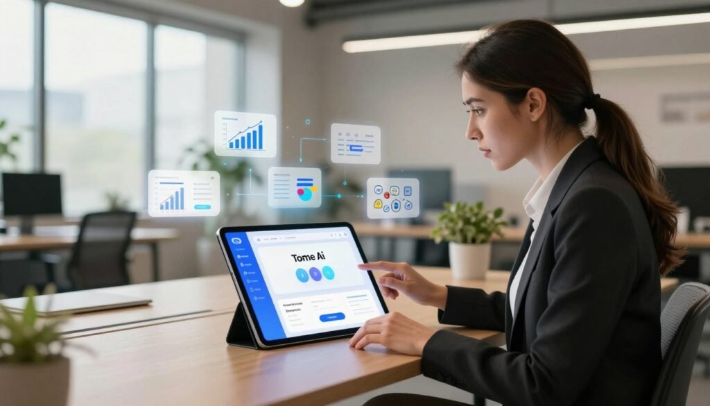 A modern, sleek workspace featuring a digital tablet displaying a vibrant user interface of an AI tool, symbolizing Tome AI for beginners. In the foreground, a professional woman in business attire interacts with the tablet, her expression focused yet intrigued. The middle ground shows various use case scenarios represented as subtle floating icons around the tablet, like charts, documents, and brainstorming ideas. In the background, a serene, contemporary office setting with large windows letting in natural light, and plants for a touch of greenery. The atmosphere is one of inspiration and innovation, illuminated by warm lighting creating an inviting mood. A wide-angle view captures the essence of a tech-driven environment, promoting the accessibility and potential of AI.