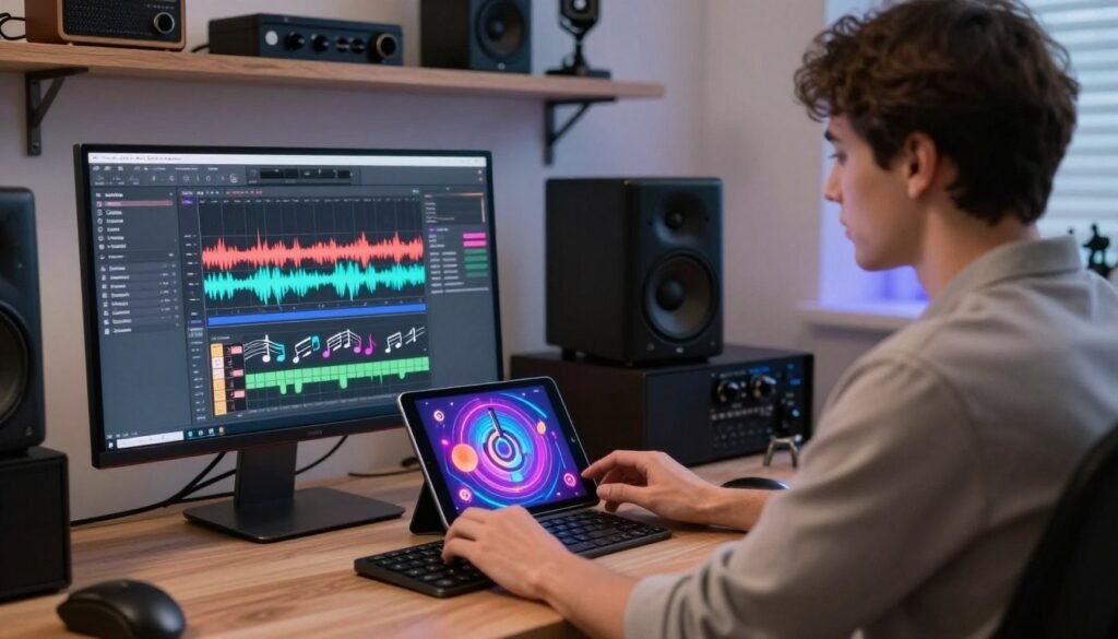 A modern, sleek workspace with a professional-looking individual in casual yet business-appropriate attire, sitting at a computer. The foreground shows the individual interacting with a visually appealing music creation software interface on the screen, featuring colorful waveforms and musical notes. In the middle, a digital tablet showcases vibrant graphics of musical instruments and AI elements, symbolizing innovation in music creation. In the background, shelves filled with music equipment and sound engineering tools emphasize the tech-savvy atmosphere. Soft, ambient lighting creates an inspiring mood, highlighting the excitement of creating music with advanced AI. The angle captures both the individual and the intricate details of the workspace, evoking a sense of creativity and innovation. A modern, sleek workspace with a professional-looking individual in casual yet business-appropriate attire, sitting at a computer. The foreground shows the individual interacting with a visually appealing music creation software interface on the screen, featuring colorful waveforms and musical notes. In the middle, a digital tablet showcases vibrant graphics of musical instruments and AI elements, symbolizing innovation in music creation. In the background, shelves filled with music equipment and sound engineering tools emphasize the tech-savvy atmosphere. Soft, ambient lighting creates an inspiring mood, highlighting the excitement of creating music with advanced AI. The angle captures both the individual and the intricate details of the workspace, evoking a sense of creativity and innovation.