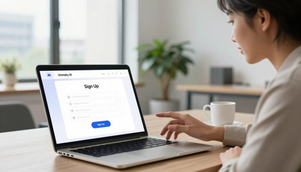 A modern, user-friendly digital interface for signing up on Omneky AI. In the foreground, a sleek laptop is open, displaying a vibrant sign-up page featuring fields for user information and a bright "Sign Up" button. To the side, a professional individual in smart casual attire is attentively interacting with the laptop, their expression focused and engaged. In the middle ground, a stylish office space with minimalistic decor, soft lighting, and a potted plant creates an inviting atmosphere. The background showcases a large window with natural light streaming in, highlighting a cityscape outside. The overall mood is productive and contemporary, emphasizing ease of use and accessibility for new users. The scene captures the essence of a tech-savvy environment ideal for onboarding.