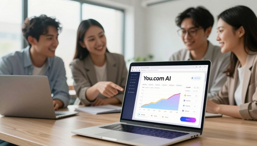 A modern, user-friendly digital workspace showcasing You.com AI in action. In the foreground, a close-up of a sleek laptop screen displaying a vibrant interface of You.com AI, featuring colorful graphs and intuitive navigation buttons. In the middle ground, a diverse group of three professionals, dressed in smart business attire, collaborate enthusiastically, pointing at the screen and discussing strategies for better results. The background features a bright, airy office environment with large windows allowing natural light to stream in, creating a welcoming atmosphere. The mood is dynamic and productive, capturing the essence of a collaborative tech-driven workspace. Soft focus in the background emphasizes the main action, while a warm color palette instills a sense of optimism and innovation.