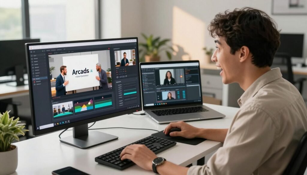 A modern, visually striking workspace featuring a computer screen displaying the Arcads AI video generator interface, with dynamic video ad elements visible. In the foreground, a professional wearing smart casual attire, eagerly engaging with the software, their face reflecting a sense of excitement and innovation. The middle ground showcases an array of digital tools and graphics tools, such as storyboards and motion graphics, arranged neatly on a sleek desk. The background reveals a well-lit, contemporary office environment with large windows allowing natural light to illuminate the scene, casting soft shadows. The overall atmosphere conveys inspiration and creativity, emphasizing the ease and effectiveness of using Arcads AI for video ads. The image should have a warm color palette for an inviting feel, taken from a slightly elevated angle to capture both the workspace and the user’s enthusiastic expression.