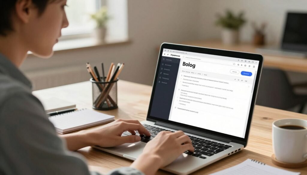 A modern workspace depicting a professional individual in modest casual clothing, focused on creating a blog post using Hypotenuse AI. In the foreground, a laptop screen showcases a user-friendly interface of Hypotenuse AI with various writing tools and features visible. The person, a young professional with an engaged expression, is typing intently. In the middle ground, a neatly organized desk with stationery, a coffee mug, and notes is present, conveying a productive atmosphere. The background features a warm, inviting office space with soft natural light streaming through a window, creating an upbeat and inspiring mood. A subtle bokeh effect emphasizes the individual and laptop, drawing the viewer's gaze toward the blog-writing process. A modern workspace depicting a professional individual in modest casual clothing, focused on creating a blog post using Hypotenuse AI. In the foreground, a laptop screen showcases a user-friendly interface of Hypotenuse AI with various writing tools and features visible. The person, a young professional with an engaged expression, is typing intently. In the middle ground, a neatly organized desk with stationery, a coffee mug, and notes is present, conveying a productive atmosphere. The background features a warm, inviting office space with soft natural light streaming through a window, creating an upbeat and inspiring mood. A subtle bokeh effect emphasizes the individual and laptop, drawing the viewer's gaze toward the blog-writing process.
