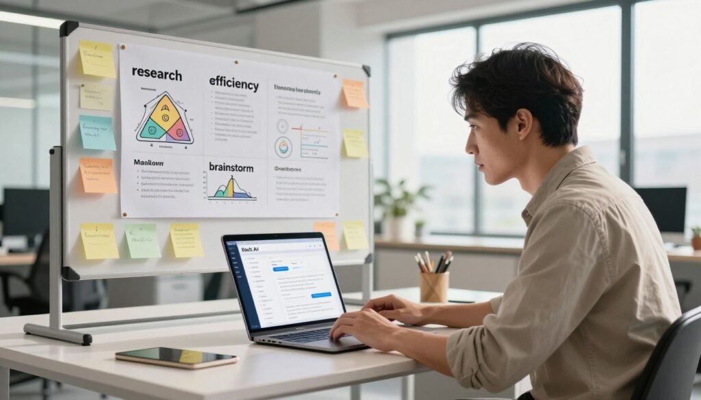 A modern workspace designed for productivity, showcasing a sleek desk with a laptop open to the Elicit AI interface. In the foreground, a professional in smart casual attire engages with the computer, displaying curiosity and focus. The middle ground features a vision board with sticky notes and diagrams illustrating AI research tips, including keywords like "research", "efficiency", and "brainstorm." The background is a bright, airy office with large windows allowing natural light to pour in, creating an inviting and motivational atmosphere. The composition emphasizes clarity and organization, with warm lighting enhancing the sense of growth and insight. The image captures a balanced blend of professionalism and creativity, ideal for a guide on maximizing Elicit AI's capabilities. A modern workspace designed for productivity, showcasing a sleek desk with a laptop open to the Elicit AI interface. In the foreground, a professional in smart casual attire engages with the computer, displaying curiosity and focus. The middle ground features a vision board with sticky notes and diagrams illustrating AI research tips, including keywords like "research", "efficiency", and "brainstorm." The background is a bright, airy office with large windows allowing natural light to pour in, creating an inviting and motivational atmosphere. The composition emphasizes clarity and organization, with warm lighting enhancing the sense of growth and insight. The image captures a balanced blend of professionalism and creativity, ideal for a guide on maximizing Elicit AI's capabilities.