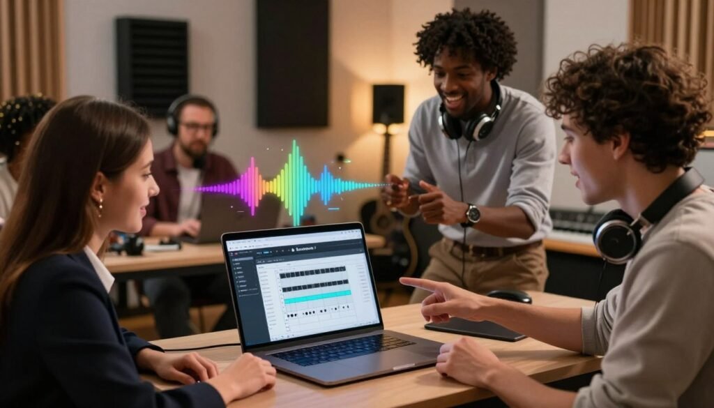 A modern workspace featuring a diverse group of professionals collaborating on music creation using Soundraw AI. In the foreground, a laptop displays the Soundraw interface, highlighting music composition tools. A young woman in professional business attire is focused on the screen, while a man beside her gestures excitedly, pointing at the interface with headphones around his neck. In the middle ground, colorful soundwave visuals float above the laptop, symbolizing creativity and innovation. The background features a cozy, well-lit studio adorned with soundproof panels and musical instruments, casting a warm, inviting atmosphere. The overall mood is energetic and inspiring, with soft lighting emphasizing collaboration and the joy of music-making.