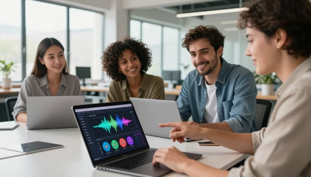 A modern workspace featuring a diverse group of three professionals, one female and two male, seated around a sleek table with laptops open to the SOUNDRAW AI interface. The foreground shows a close-up of a laptop screen displaying the SOUNDRAW platform with colorful sound wave graphics. The middle ground captures the engaged expressions of the team discussing how to download music, while one person points to the screen. In the background, a bright open office with large windows allows natural light to stream in, creating a vibrant atmosphere. Soft shadows add depth, and a sense of collaboration is conveyed, as the mood is focused and optimistic. The professionals are dressed in smart casual attire, emphasizing a creative yet professional environment.