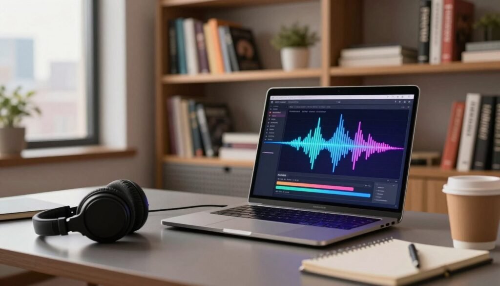 A modern workspace featuring a laptop displaying the AIVA AI interface, with colorful sound waves visually emanating from the screen. In the foreground, a pair of professional headphones rests on a sleek desk, along with a notepad and a coffee cup, suggesting a productive environment. The middle ground includes a well-organized bookshelf filled with music theory books and tech guides, while soft, warm lighting enhances the atmosphere, creating an inviting and creative vibe. The background shows a window with a view of a city skyline in daylight, adding depth to the scene. The overall mood conveys inspiration and innovation, reflecting the process of using AIVA AI for podcast and music creation projects.