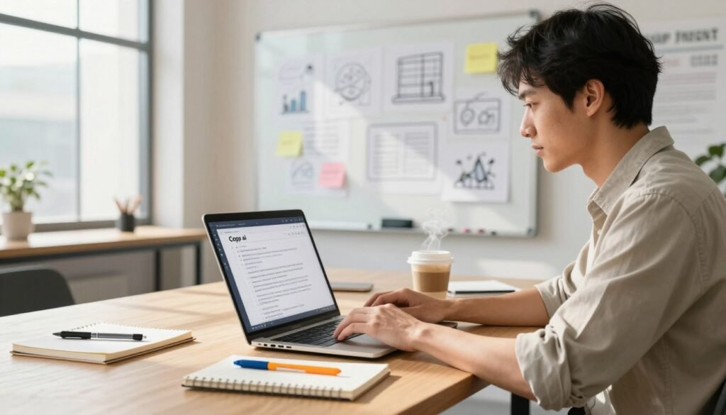 A modern workspace, featuring a laptop open to the Copy.ai interface displaying content suggestions. In the foreground, a focused professional wearing smart casual clothing is typing on the keyboard, with a look of concentration. On the table are creative tools like notepads, colorful pens, and a steaming cup of coffee. In the middle ground, a large whiteboard filled with brainstorming sketches and notes about content creation techniques. The background showcases a bright, airy office environment with large windows allowing natural sunlight to illuminate the scene, casting soft shadows. The overall mood is productive and creative, capturing the essence of using technology for content creation. A modern workspace, featuring a laptop open to the Copy.ai interface displaying content suggestions. In the foreground, a focused professional wearing smart casual clothing is typing on the keyboard, with a look of concentration. On the table are creative tools like notepads, colorful pens, and a steaming cup of coffee. In the middle ground, a large whiteboard filled with brainstorming sketches and notes about content creation techniques. The background showcases a bright, airy office environment with large windows allowing natural sunlight to illuminate the scene, casting soft shadows. The overall mood is productive and creative, capturing the essence of using technology for content creation.