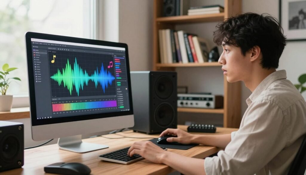 A modern workspace featuring a sleek computer displaying the SOUNDRAW AI interface, showcasing vibrant soundwave visualizations and colorful music notes. In the foreground, a focused young professional in smart casual attire, with a look of intrigue as they engage with the platform. The middle ground shows an assortment of music production tools and instruments, creating an atmosphere of creativity and innovation. The background includes a stylish bookshelf filled with music literature and a window with natural light pouring in, adding a warm glow to the scene. The ambiance is inspirational and productive, capturing the essence of using AI to create music. Use soft and bright lighting to enhance the welcoming atmosphere while keeping everything in sharp focus.