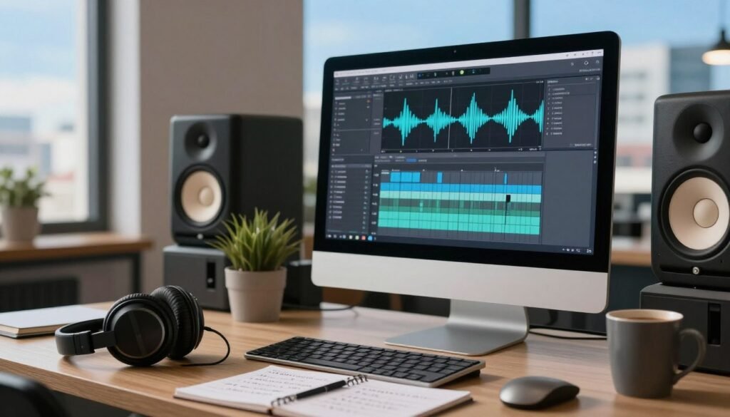 A modern workspace featuring a sleek desktop computer displaying an audio editing software interface, with sound waves visualized on the screen, symbolizing the process of music generation. In the foreground, a pair of high-quality studio headphones rests beside a notepad filled with handwritten notes on audio pros and cons. The middle ground includes a potted plant and a coffee mug, adding a personal touch to the environment. The background features soft ambient lighting, creating a cozy atmosphere. A large window reveals a cityscape under a bright blue sky, hinting at innovation and creativity. The image should convey professionalism and focus, reflecting the essence of audio technology in a contemporary setting. A modern workspace featuring a sleek desktop computer displaying an audio editing software interface, with sound waves visualized on the screen, symbolizing the process of music generation. In the foreground, a pair of high-quality studio headphones rests beside a notepad filled with handwritten notes on audio pros and cons. The middle ground includes a potted plant and a coffee mug, adding a personal touch to the environment. The background features soft ambient lighting, creating a cozy atmosphere. A large window reveals a cityscape under a bright blue sky, hinting at innovation and creativity. The image should convey professionalism and focus, reflecting the essence of audio technology in a contemporary setting.