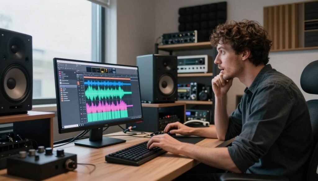 A modern workspace featuring a sleek, high-tech audio workstation prominently in the foreground, showcasing digital audio software with vibrant waveforms and soundtracks. A professional sound engineer, dressed in smart casual attire, is intently focused on the screen, adjusting settings with a mix of excitement and contemplation. In the middle ground, shelves filled with audio equipment and acoustic panels create a sophisticated atmosphere. The background features a large window with soft natural light pouring in, highlighting various music production tools. The overall mood is one of innovation and creativity, inviting the viewer to consider the possibilities of using Stable Audio AI. The angles are slightly tilted to provide a dynamic perspective, emphasizing the cutting-edge technology in use. A modern workspace featuring a sleek, high-tech audio workstation prominently in the foreground, showcasing digital audio software with vibrant waveforms and soundtracks. A professional sound engineer, dressed in smart casual attire, is intently focused on the screen, adjusting settings with a mix of excitement and contemplation. In the middle ground, shelves filled with audio equipment and acoustic panels create a sophisticated atmosphere. The background features a large window with soft natural light pouring in, highlighting various music production tools. The overall mood is one of innovation and creativity, inviting the viewer to consider the possibilities of using Stable Audio AI. The angles are slightly tilted to provide a dynamic perspective, emphasizing the cutting-edge technology in use.