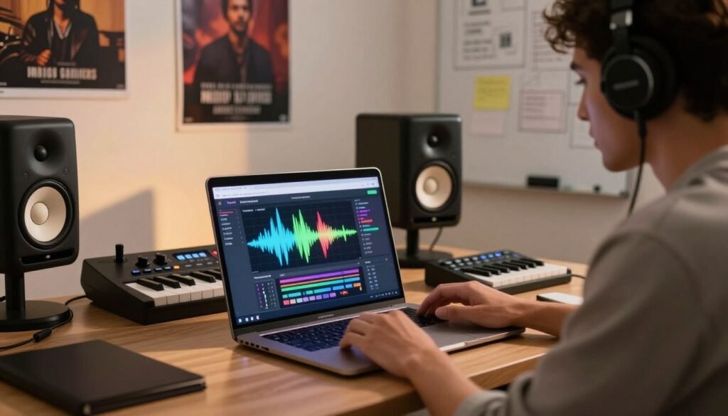 A modern workspace featuring a sleek laptop displaying the AIVA AI music generator interface, with colorful waveforms and musical notes on the screen. In the foreground, a creative individual, dressed in smart casual attire, is focused intently on the laptop, with headphones on. The middle layer contains various music production tools like MIDI controllers and high-quality audio speakers, enhancing the creative atmosphere. In the background, a softly lit room with posters of famous musicians and a whiteboard filled with notes and ideas, adding a touch of inspiration. The lighting is warm and inviting, casting soft shadows, while the overall mood is energetic and innovative, perfect for highlighting the process of using AI in music creation for YouTube videos.