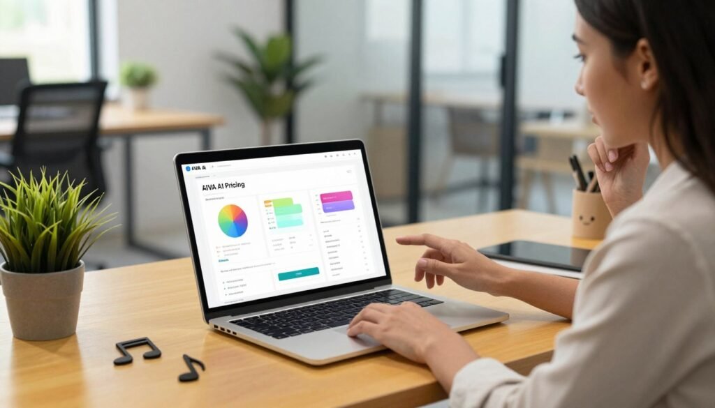 A modern workspace featuring a sleek laptop displaying the AIVA AI pricing page, surrounded by color-coded charts and infographics illustrating various subscription plans. In the foreground, a professional woman dressed in business casual attire is examining the screen, showcasing a thoughtful expression. The middle ground includes a vibrant desk with a potted plant and music notes scattered around, hinting at creativity. The background features a softly blurred contemporary office environment, with natural light pouring in through large windows, creating an inviting atmosphere. The overall mood conveys professionalism and innovation, emphasizing the exciting possibilities of AIVA AI for music creation.