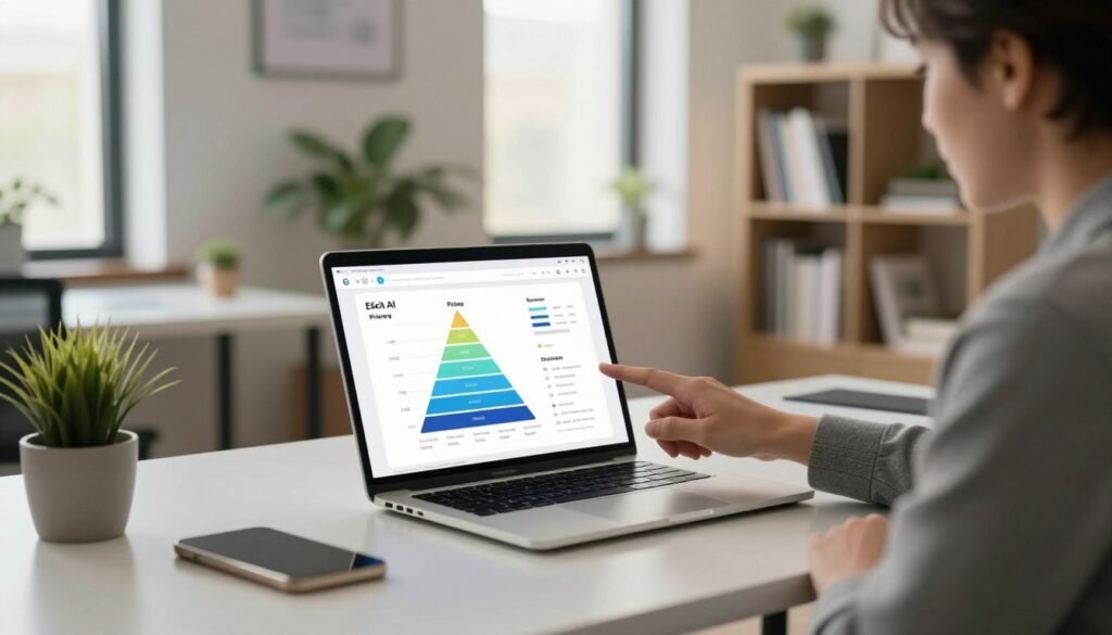 A modern workspace featuring a sleek, well-organized desk with a laptop displaying a user-friendly interface of Elicit AI's pricing plans. In the foreground, a professional-looking individual in business attire is interacting with the laptop, pointing to a visually engaging chart or infographic that represents various pricing tiers and features. The middle ground includes a minimalist, stylish office with a plant and bookshelves filled with research materials, enhancing the scholarly feel. The background features large windows with warm natural light streaming in, creating an inviting and productive atmosphere. The scene conveys a sense of clarity and accessibility, ideal for potential users exploring subscription options. A modern workspace featuring a sleek, well-organized desk with a laptop displaying a user-friendly interface of Elicit AI's pricing plans. In the foreground, a professional-looking individual in business attire is interacting with the laptop, pointing to a visually engaging chart or infographic that represents various pricing tiers and features. The middle ground includes a minimalist, stylish office with a plant and bookshelves filled with research materials, enhancing the scholarly feel. The background features large windows with warm natural light streaming in, creating an inviting and productive atmosphere. The scene conveys a sense of clarity and accessibility, ideal for potential users exploring subscription options.