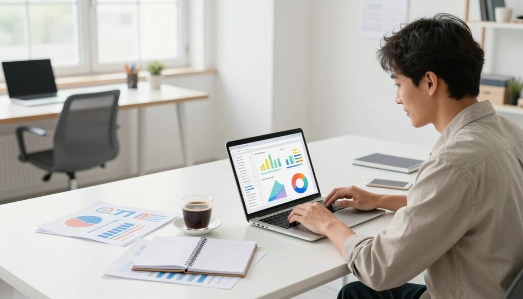 A modern workspace filled with simplified AI marketing tools, showcasing a sleek laptop displaying colorful graphs and analytics. In the foreground, a casual professional wearing smart business attire is engaged with the laptop, with a focused yet approachable expression. In the middle, an organized workspace featuring a notepad, a cup of coffee, and scattered marketing materials, reflecting a blend of creativity and efficiency. The background features a bright, airy office with large windows allowing natural light to stream in, creating a positive and inspiring atmosphere. The scene is captured from a slightly elevated angle to provide a comprehensive view of the workspace, emphasizing a productive and innovative vibe.