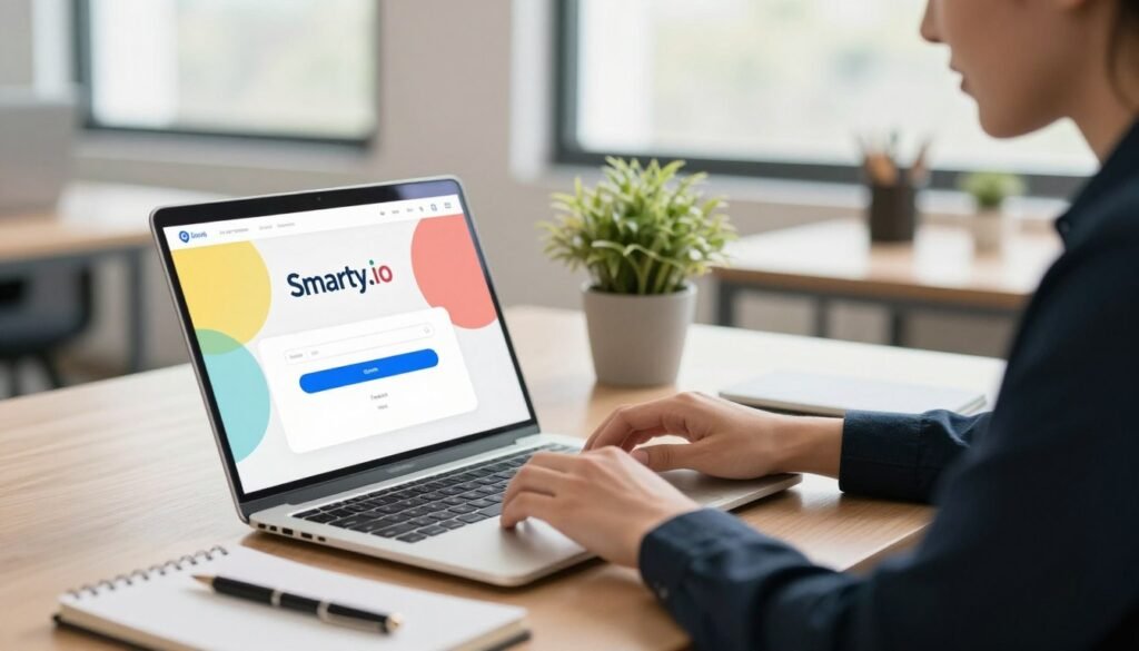 A modern workspace setting showcasing the process of signing up for Smartly.io. In the foreground, a sleek laptop is open, displaying the Smartly.io sign-up page with vibrant colors and user-friendly interface. A professional individual, wearing smart business attire, is attentively typing on the keyboard, with a look of focus and determination. In the middle ground, a potted plant adds a touch of greenery, while a notepad and pen are placed casually next to the laptop, suggesting organization and planning. The background features a clean, well-lit office environment with large windows allowing natural light to flood the space, enhancing the warm, inviting atmosphere. Use soft, diffused lighting to create a calm and productive mood, captured at a slight angle for depth.