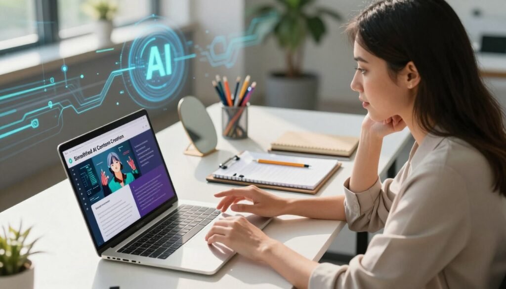 A modern workspace showcasing "Simplified AI Content Creation." In the foreground, a sleek laptop is open with vibrant screens displaying AI-generated visuals and text, emphasizing creativity and technology. A professional woman in modest business attire is thoughtfully interacting with the laptop, her expression one of inspiration and focus. In the middle, a smart desk cluttered with digital notepads and colorful pens, mirrors a dynamic environment for brainstorming and creating. The background features abstract representations of AI, like data streams and digital graphics, blending with soft blue and green hues to create an innovative atmosphere. Natural light floods the space, casting a warm glow, all captured from a slightly angled perspective to enhance depth and engagement.
