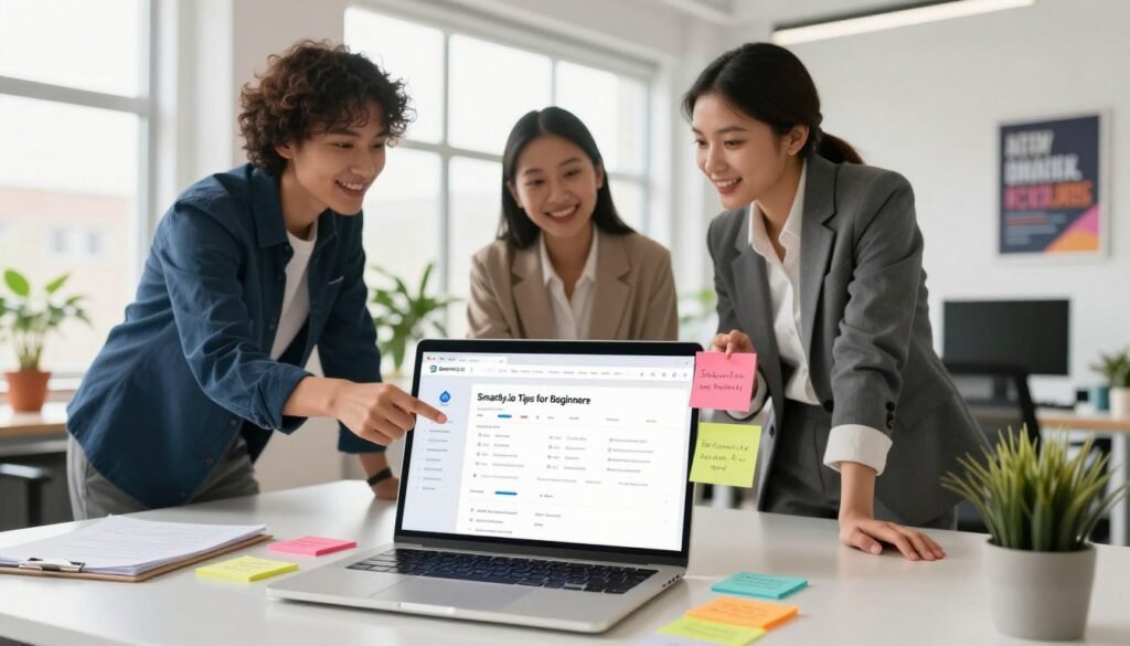 A modern workspace showcasing "Smartly.io Tips for Beginners." In the foreground, a sleek laptop is open displaying the Smartly.io dashboard, surrounded by colorful sticky notes with tips written in vibrant ink. In the middle, a diverse group of three professionals wearing smart business attire engage in discussion, pointing at the screen, with an optimistic look on their faces. The background features a bright, well-lit office space with large windows flooding in natural light, potted plants, and motivational posters on the walls. The atmosphere is collaborative and inspiring, promoting creativity and innovation, with a clear focus on digital marketing. The image is captured from a slight angle, giving depth and focus to the engaged team and the screen.
