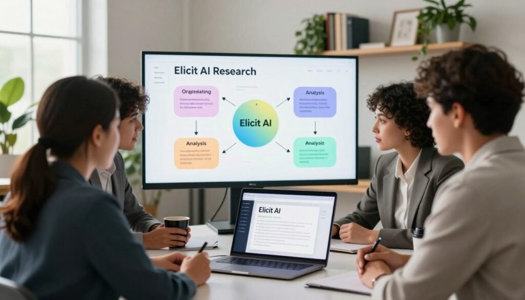 A modern workspace showcasing a step-by-step guide to using Elicit AI for research. In the foreground, a diverse group of three professionals, dressed in business attire, are gathered around a sleek laptop displaying Elicit AI’s interface. The middle ground features a large digital screen illustrating key steps in research, like brainstorming, organization, and analysis with colorful infographics. In the background, a bright, open office space with plants and shelves of books creates a collaborative atmosphere. Soft, natural lighting filters through large windows, casting gentle shadows, while a camera angle captures the interaction between the group and the laptop. The overall mood is focused and innovative, reflecting a productive research environment. A modern workspace showcasing a step-by-step guide to using Elicit AI for research. In the foreground, a diverse group of three professionals, dressed in business attire, are gathered around a sleek laptop displaying Elicit AI’s interface. The middle ground features a large digital screen illustrating key steps in research, like brainstorming, organization, and analysis with colorful infographics. In the background, a bright, open office space with plants and shelves of books creates a collaborative atmosphere. Soft, natural lighting filters through large windows, casting gentle shadows, while a camera angle captures the interaction between the group and the laptop. The overall mood is focused and innovative, reflecting a productive research environment.