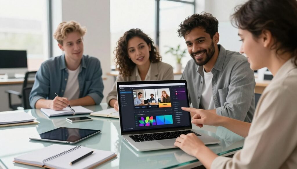 A modern workspace showcasing the "Creatify AI Video Generator" in action. In the foreground, a sleek laptop displays an interactive user interface, filled with colorful video editing options and graphics, symbolizing creativity and technology. A diverse group of three professionals, dressed in business attire, collaborate enthusiastically over the laptop, pointing at the screen and discussing ideas. In the middle ground, a stylish glass table scattered with design tools, notebooks, and a digital tablet complements the scene. The background features a bright, airy office with large windows allowing natural light to flow in, creating an inspiring and productive atmosphere. Soft focus on the workspace enhances the mood of innovation and teamwork, emphasizing the collaborative nature of using Creatify AI for video generation. A modern workspace showcasing the "Creatify AI Video Generator" in action. In the foreground, a sleek laptop displays an interactive user interface, filled with colorful video editing options and graphics, symbolizing creativity and technology. A diverse group of three professionals, dressed in business attire, collaborate enthusiastically over the laptop, pointing at the screen and discussing ideas. In the middle ground, a stylish glass table scattered with design tools, notebooks, and a digital tablet complements the scene. The background features a bright, airy office with large windows allowing natural light to flow in, creating an inspiring and productive atmosphere. Soft focus on the workspace enhances the mood of innovation and teamwork, emphasizing the collaborative nature of using Creatify AI for video generation.