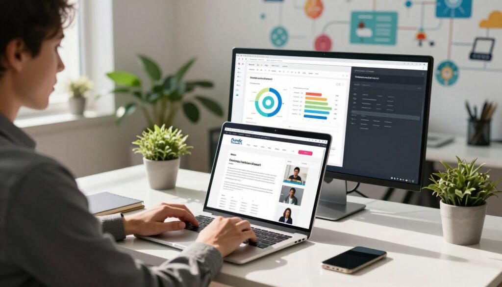 A modern workspace showcasing the process of creating a website with Durable AI. In the foreground, a professional person in business attire is seated at a sleek desk, intently working on a laptop displaying a website design interface. The middle ground includes a large monitor with colorful charts and digital tools related to website building. The background features a well-lit, minimalistic office with potted plants and an inspiring mural of technology and creativity. Soft natural light streams in through a window, casting gentle shadows, creating a productive and innovative atmosphere. The angle should be slightly elevated, capturing both the focus on the laptop screen and the overall vibrant office environment, emphasizing the theme of building an online presence with AI technology. A modern workspace showcasing the process of creating a website with Durable AI. In the foreground, a professional person in business attire is seated at a sleek desk, intently working on a laptop displaying a website design interface. The middle ground includes a large monitor with colorful charts and digital tools related to website building. The background features a well-lit, minimalistic office with potted plants and an inspiring mural of technology and creativity. Soft natural light streams in through a window, casting gentle shadows, creating a productive and innovative atmosphere. The angle should be slightly elevated, capturing both the focus on the laptop screen and the overall vibrant office environment, emphasizing the theme of building an online presence with AI technology.