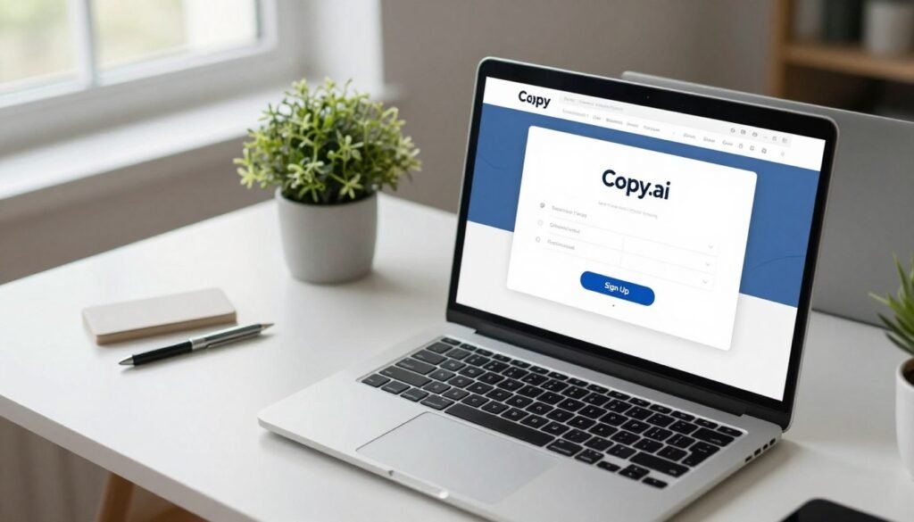 A modern workspace viewed from an elevated angle, showcasing a sleek computer screen displaying the Copy.ai sign-up page. The foreground features a stylish laptop with the Copy.ai website open in a browser window, showing a simple, user-friendly interface with input fields and a prominent "Sign Up" button. In the middle layer, there’s an elegant desk adorned with minimalist stationery and a green plant, suggesting a productive environment. In the background, soft, diffused natural lighting floods the room through a nearby window, creating an inviting and focused atmosphere. The overall mood is professional yet approachable, perfect for anyone interested in beginning their journey with Copy.ai. A modern workspace viewed from an elevated angle, showcasing a sleek computer screen displaying the Copy.ai sign-up page. The foreground features a stylish laptop with the Copy.ai website open in a browser window, showing a simple, user-friendly interface with input fields and a prominent "Sign Up" button. In the middle layer, there’s an elegant desk adorned with minimalist stationery and a green plant, suggesting a productive environment. In the background, soft, diffused natural lighting floods the room through a nearby window, creating an inviting and focused atmosphere. The overall mood is professional yet approachable, perfect for anyone interested in beginning their journey with Copy.ai.